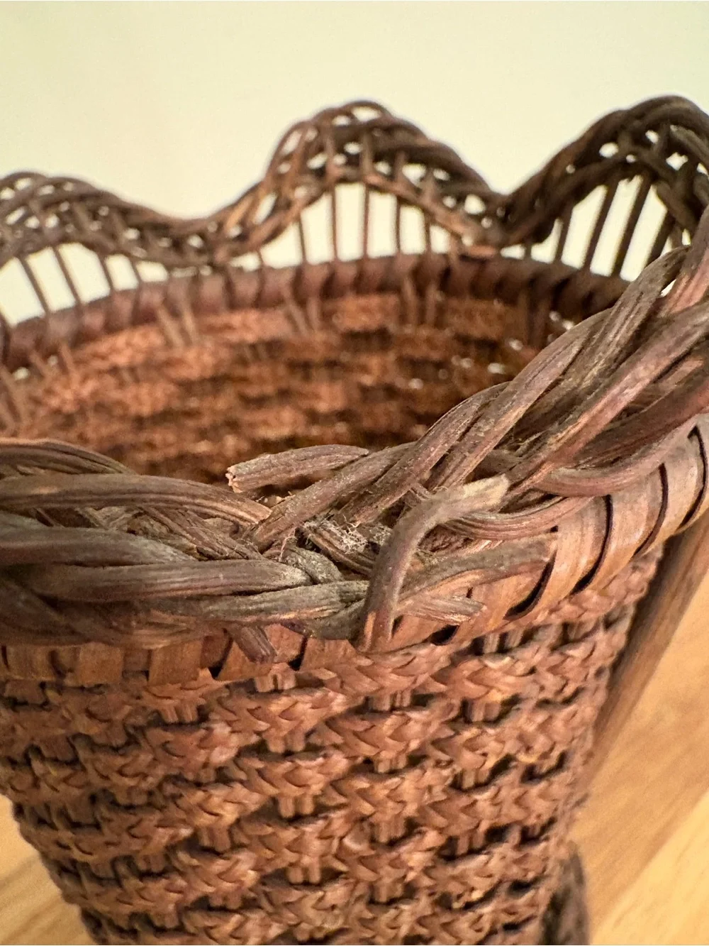 Antique Handwoven Dark  Brown Decorative Basket with Tall Handle